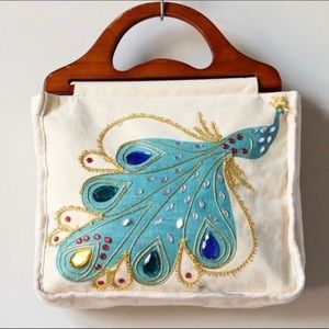 Vintage Retro Mod Jeweled Peacock Canvas Tote Bag with Wood Handles